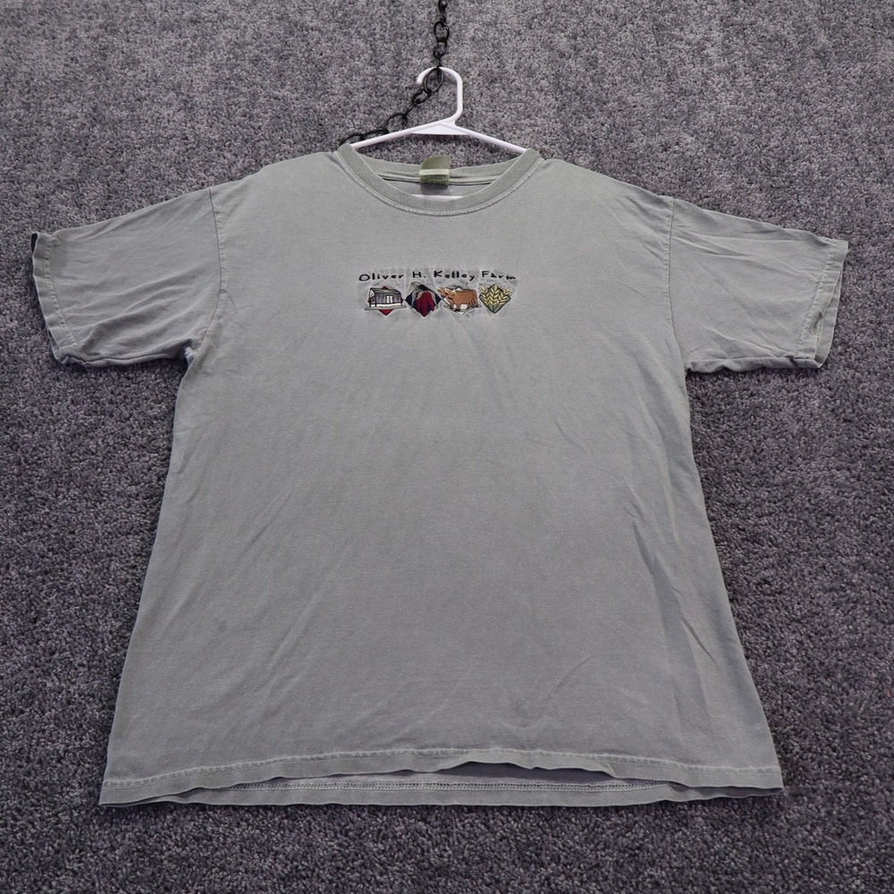 Gildan T Shirt Mens Large Green Gray Oliver H Kelley Farm Embroidered Short